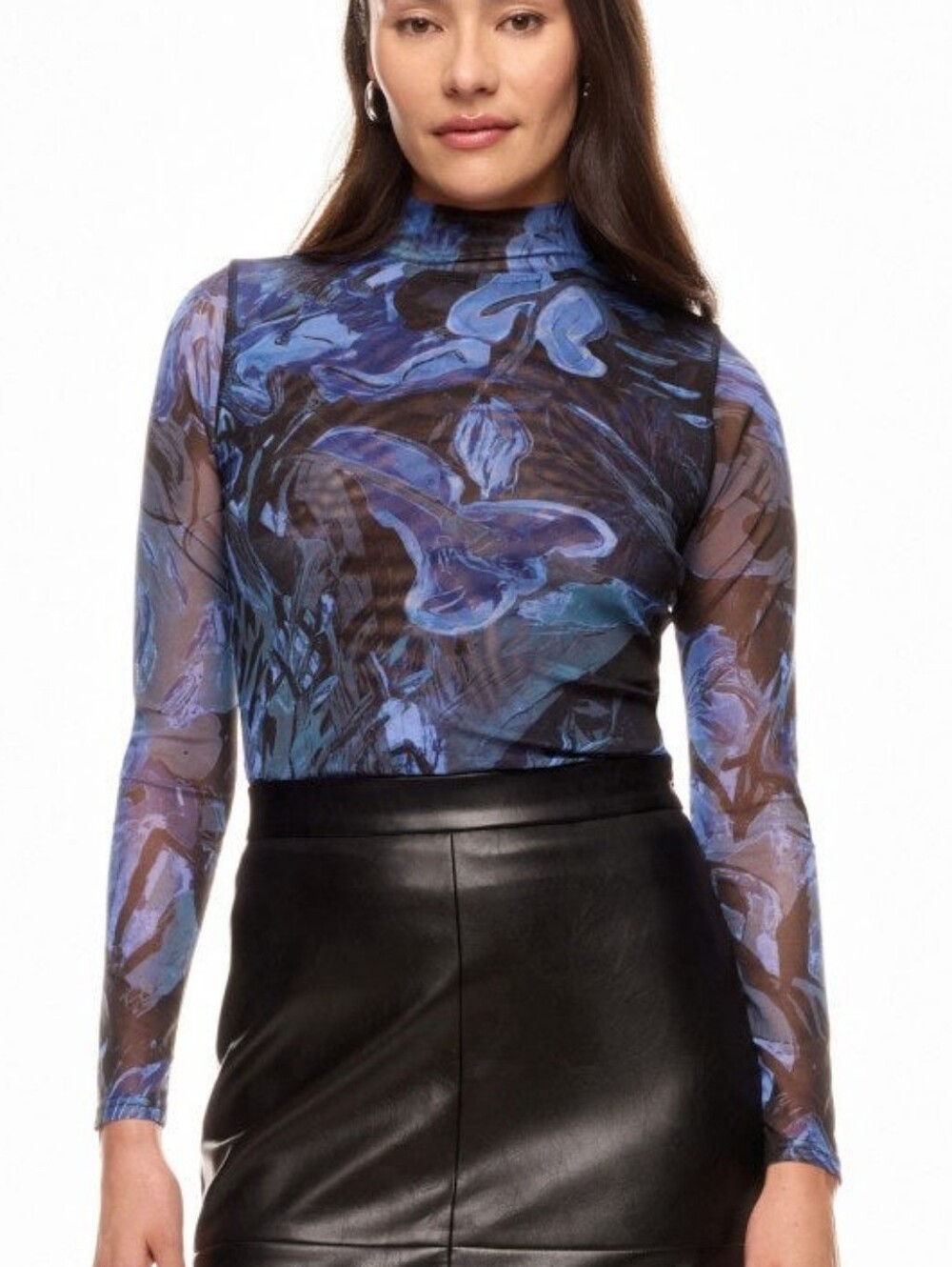 Prabal Gurung Abstract Floral Mesh Turtleneck Top Long Sleeves Size M